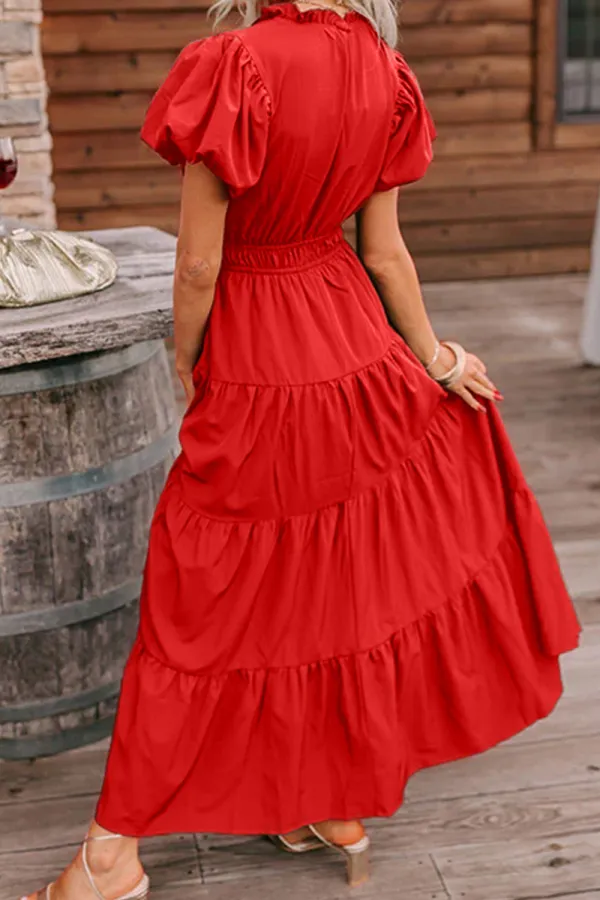Neck Puff Sleeve High Neck Maxi Dress