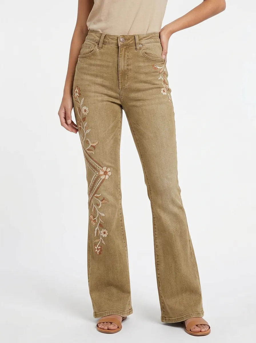 Women's Medium Wash Floral Embroidery Five-Pocket Flare Jeans
