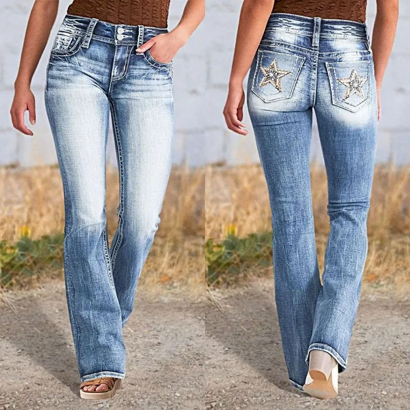 Women's Straight Leg Slim Fit Embroidered Jeans