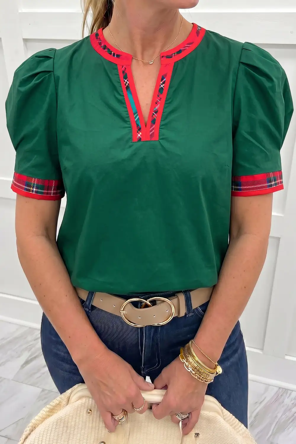 Women's Plaid V Neck Shift Top