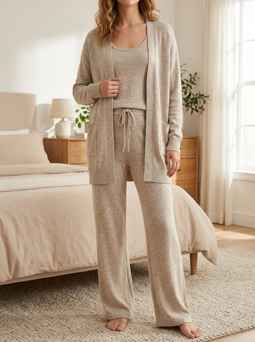 Women's Mix And Match Knit Cardigan Tank Top And Drawstring Pants Matching Set