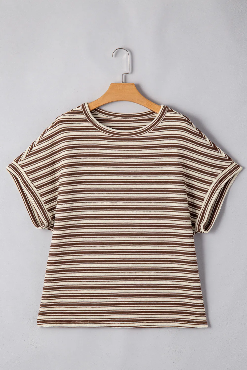 Brown Stripe Textured Side Slits Tee