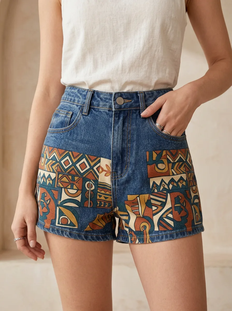 Women's Boho Style Geometric Tribal Printed Denim Shorts
