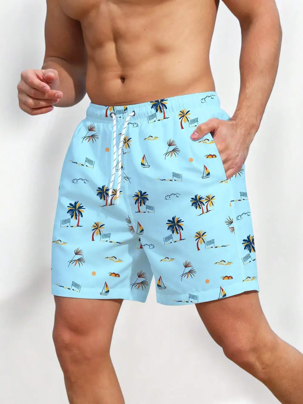 Men's Tropical Coconut Tree Print Pocket Swim Trunks