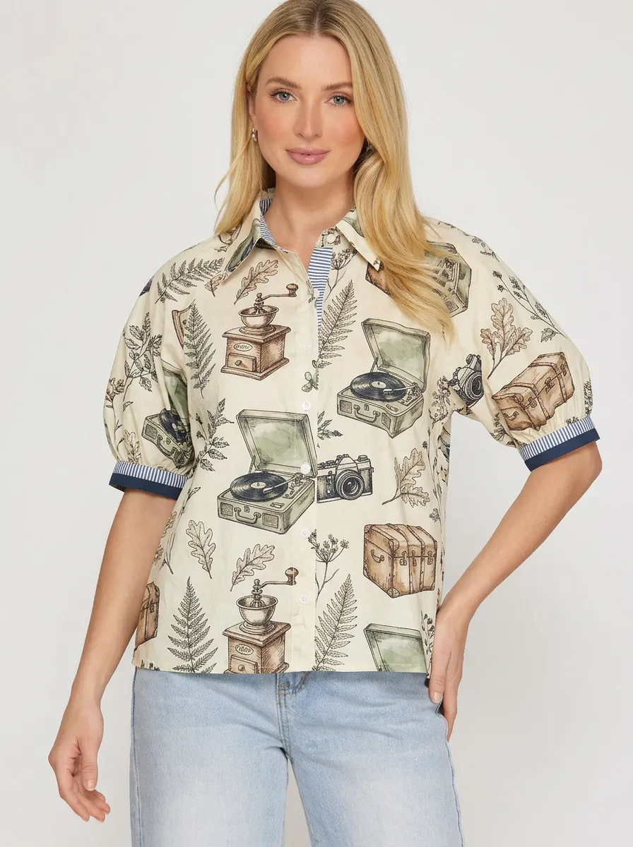 Women's Vintage Retro Object Fern Leaf Printed Button-Up Shirt