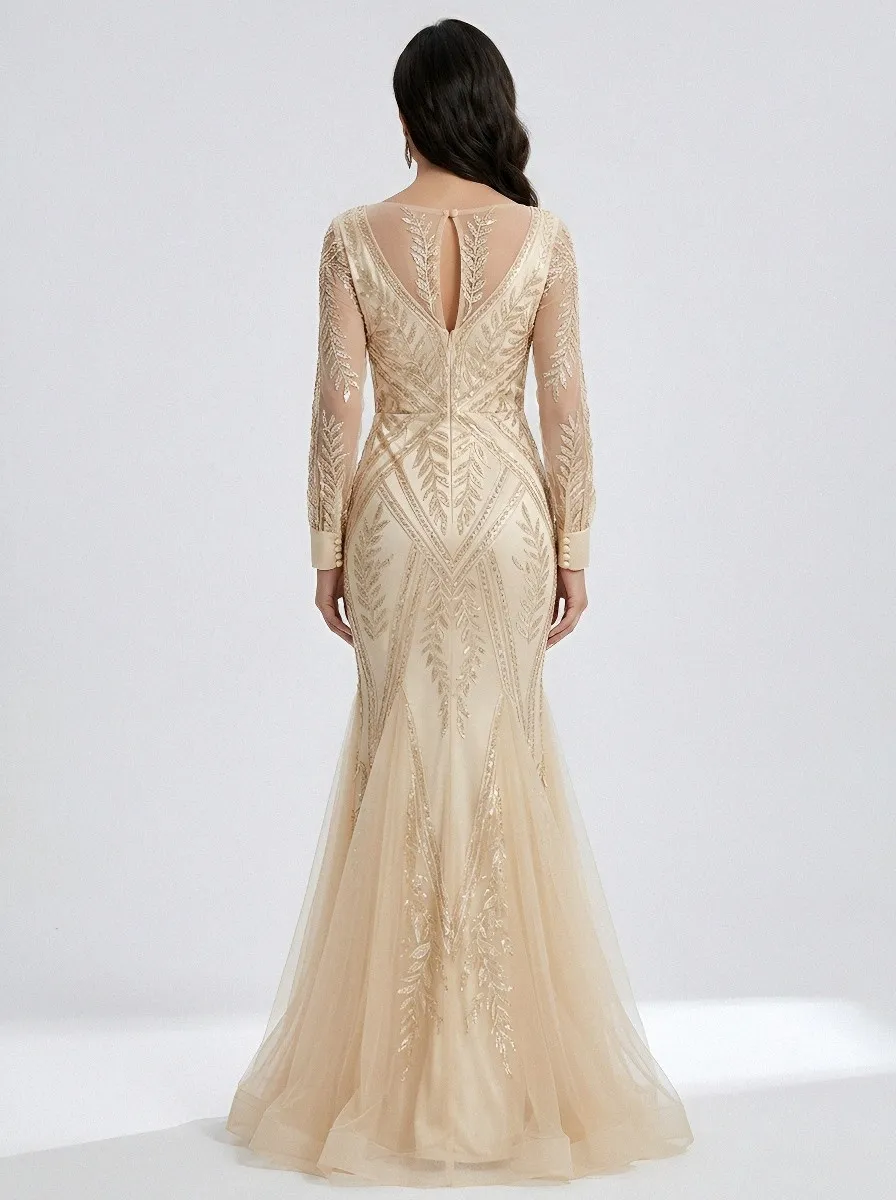Women's Gala Leaf Sequin Embroidered Mermaid Evening Gown