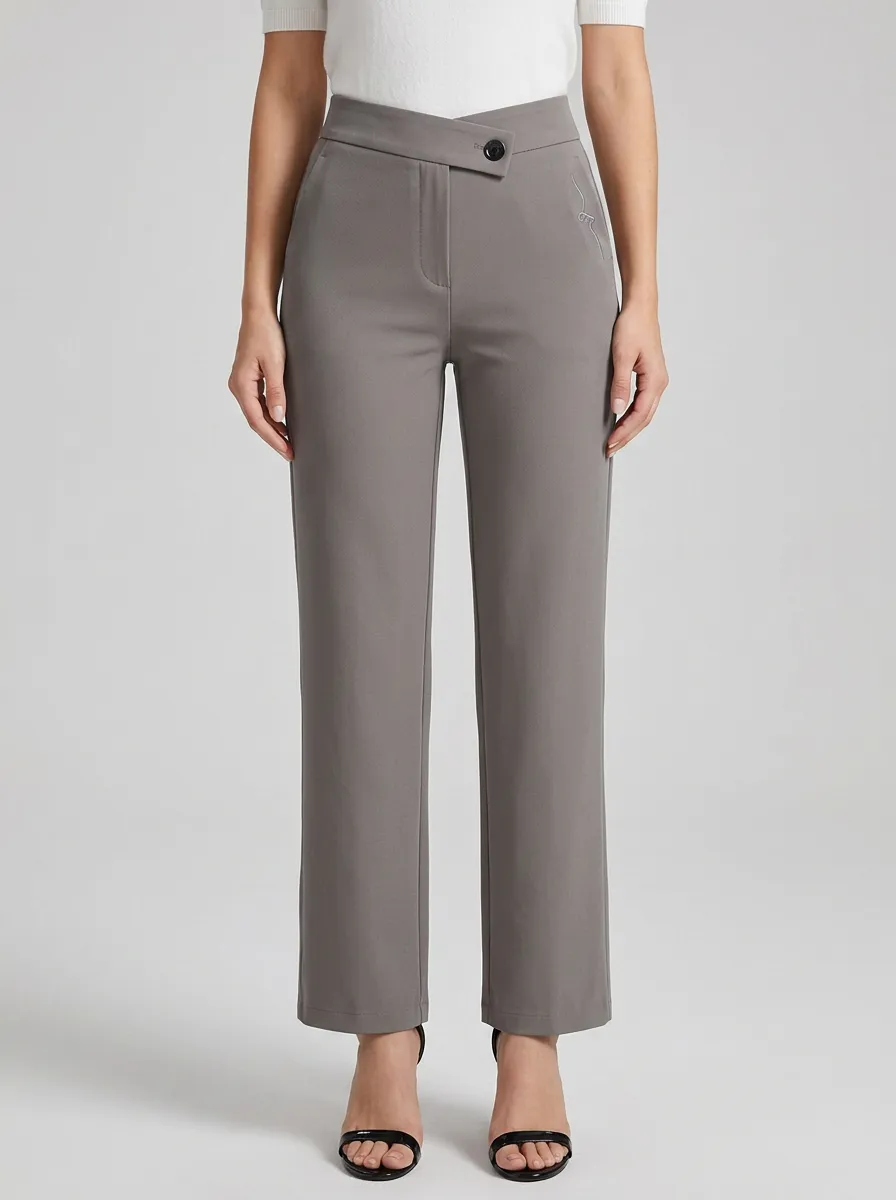 Women's Classic Comfort Asymmetric Waist Mid Rise Straight Leg Pants
