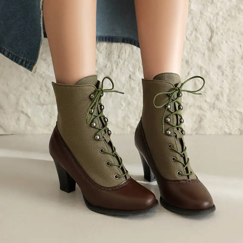 Vintage Elegant Patchwork Chunky-Heel Boots