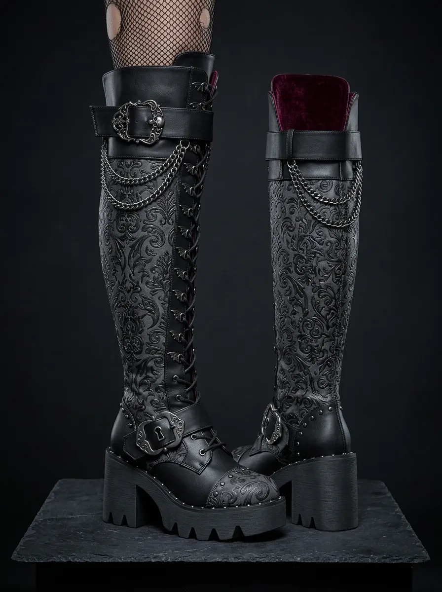 Darkwear Damask Chain Buckle Detail Women's Gothic Platform Boots