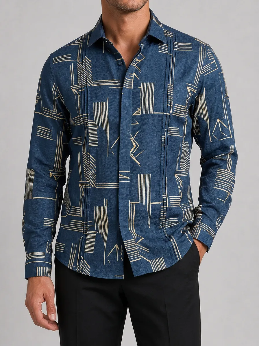Men's Geometric Abstract Gold Line Printed Long Sleeve Shirt