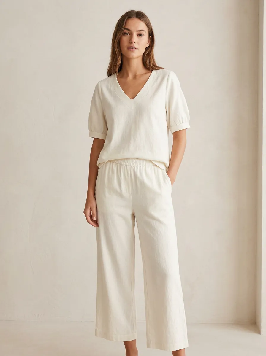 Short-Sleeve Puff-Sleeve Women's V-Neck Casual Lounge Set