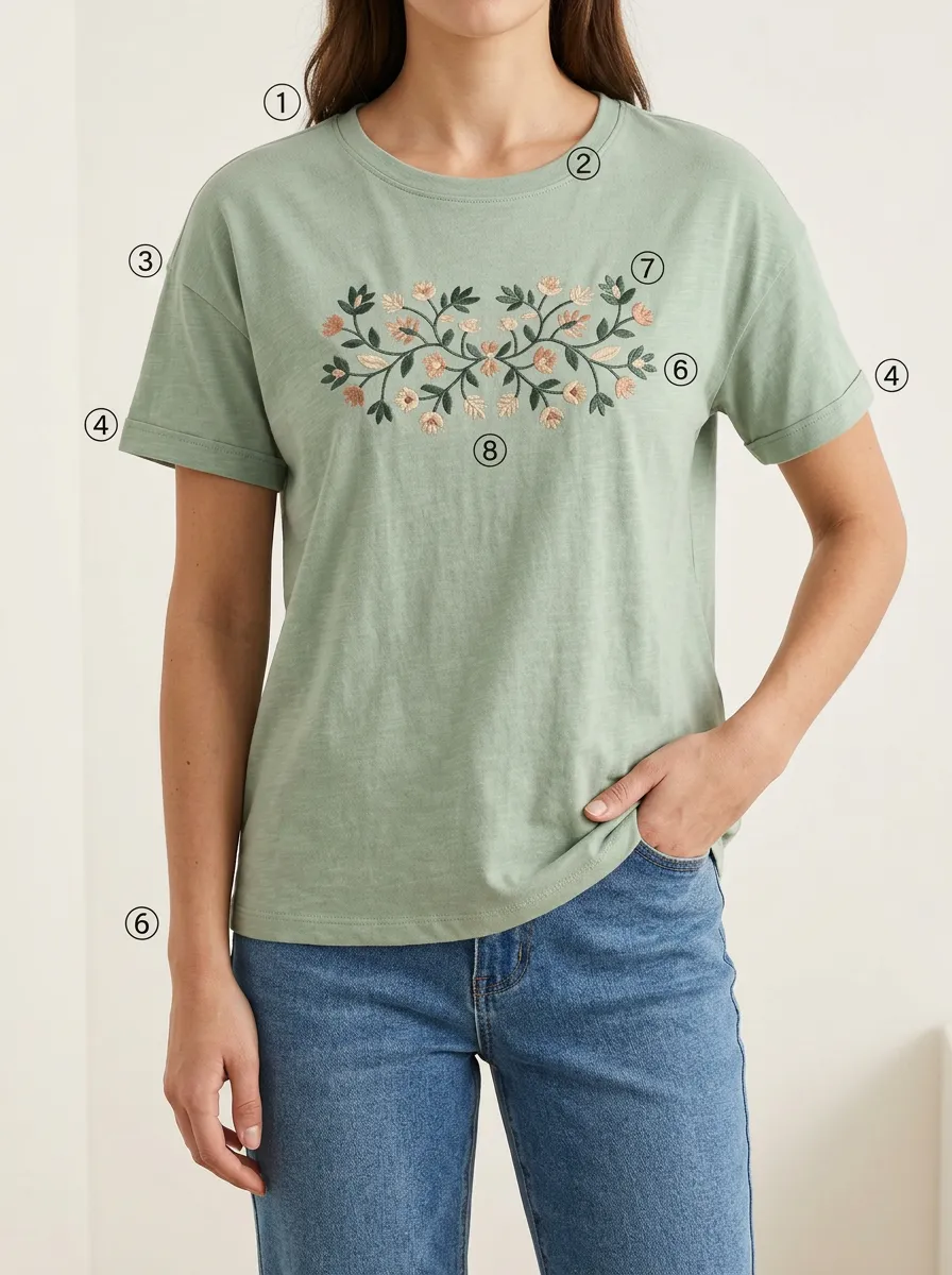 Comfort Focused Floral Print Embroidered Detail Women's Short Sleeve Casual Top