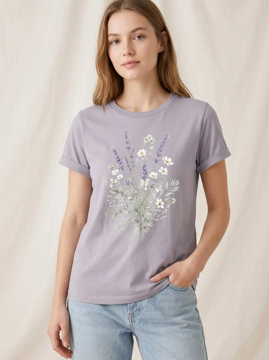 Women's Floral Graphic Crewneck T-Shirt Rolled-Cuff Center-Graphic