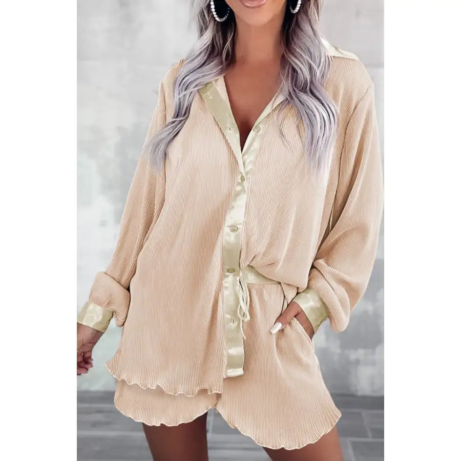 Button Up Long Sleeve Top and Shorts Set