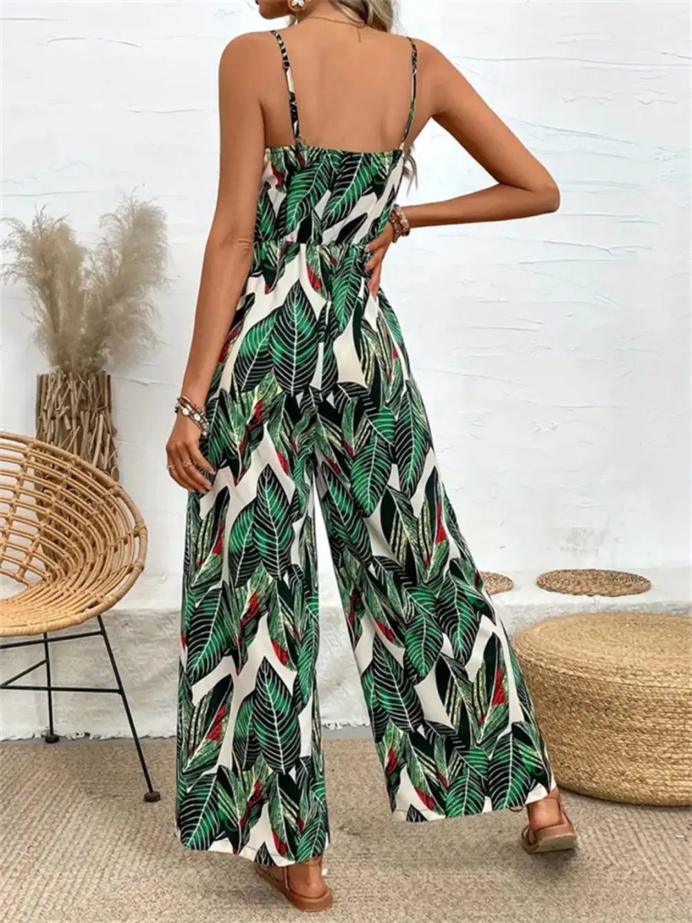 Tropical Spaghetti Strap Wide Leg Jumpsuit