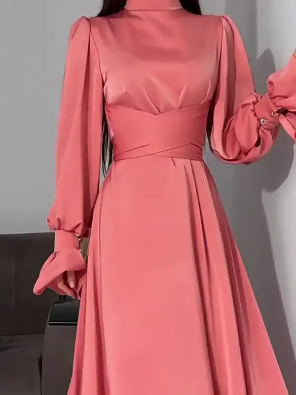 Sleeves Color Pleated Long Neck Maxi Dress