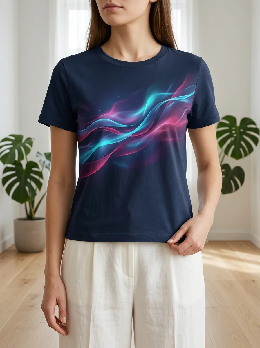Women's Abstract Neon Wave Printed Crewneck T-shirt