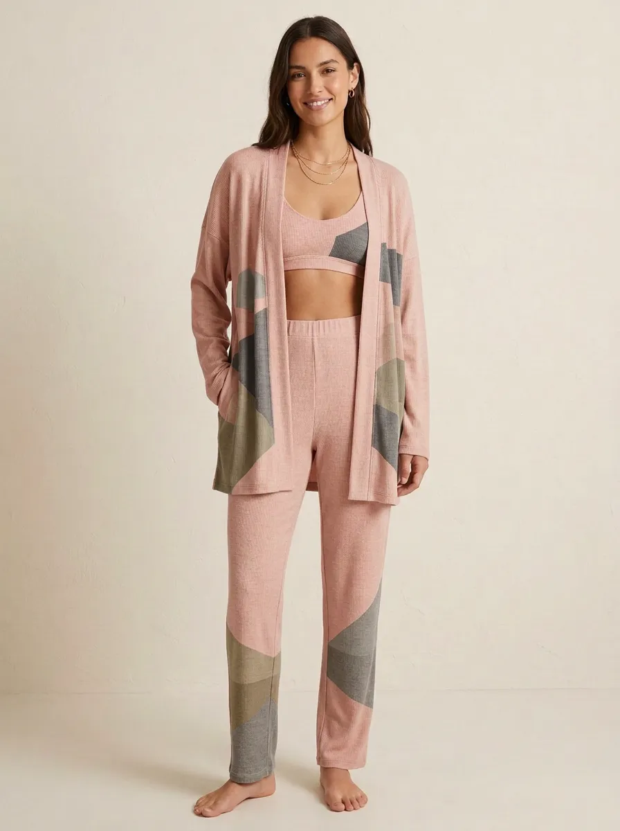 Geometric Ribbed Open Front Cardigan Lounge Set