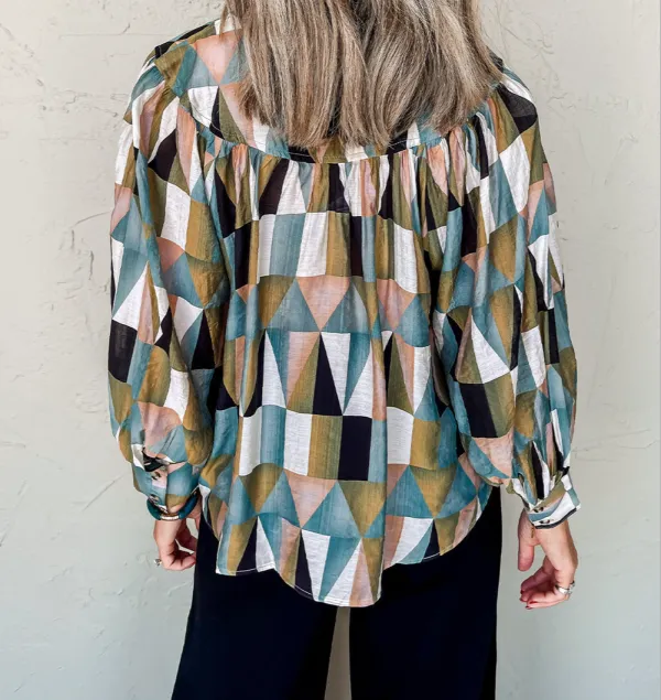 Geometric Print Plaid Relaxed Fit Shirt Blouse