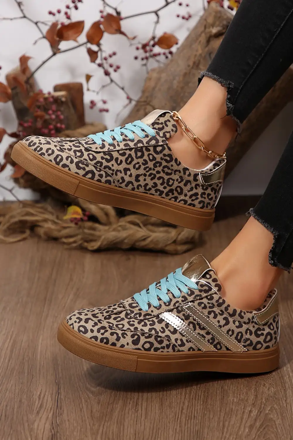 Leopard Faux Suede Leather Lace-Up Casual Sneakers