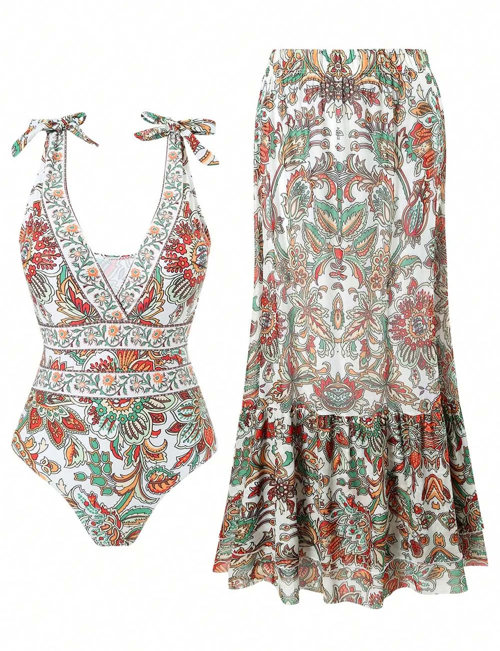 One Piece Swimsuit with Ruffle Hem Cover Up Skirt Set