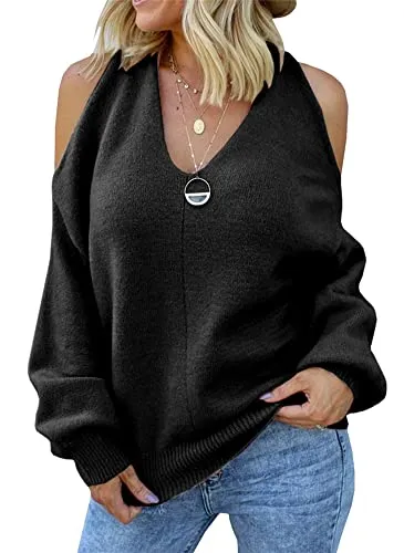 Women's Cold Shoulder Oversized Sweaters Batwing Long Sleeve Square Neck Chunky Knit Fall Tunic Sweater Tops