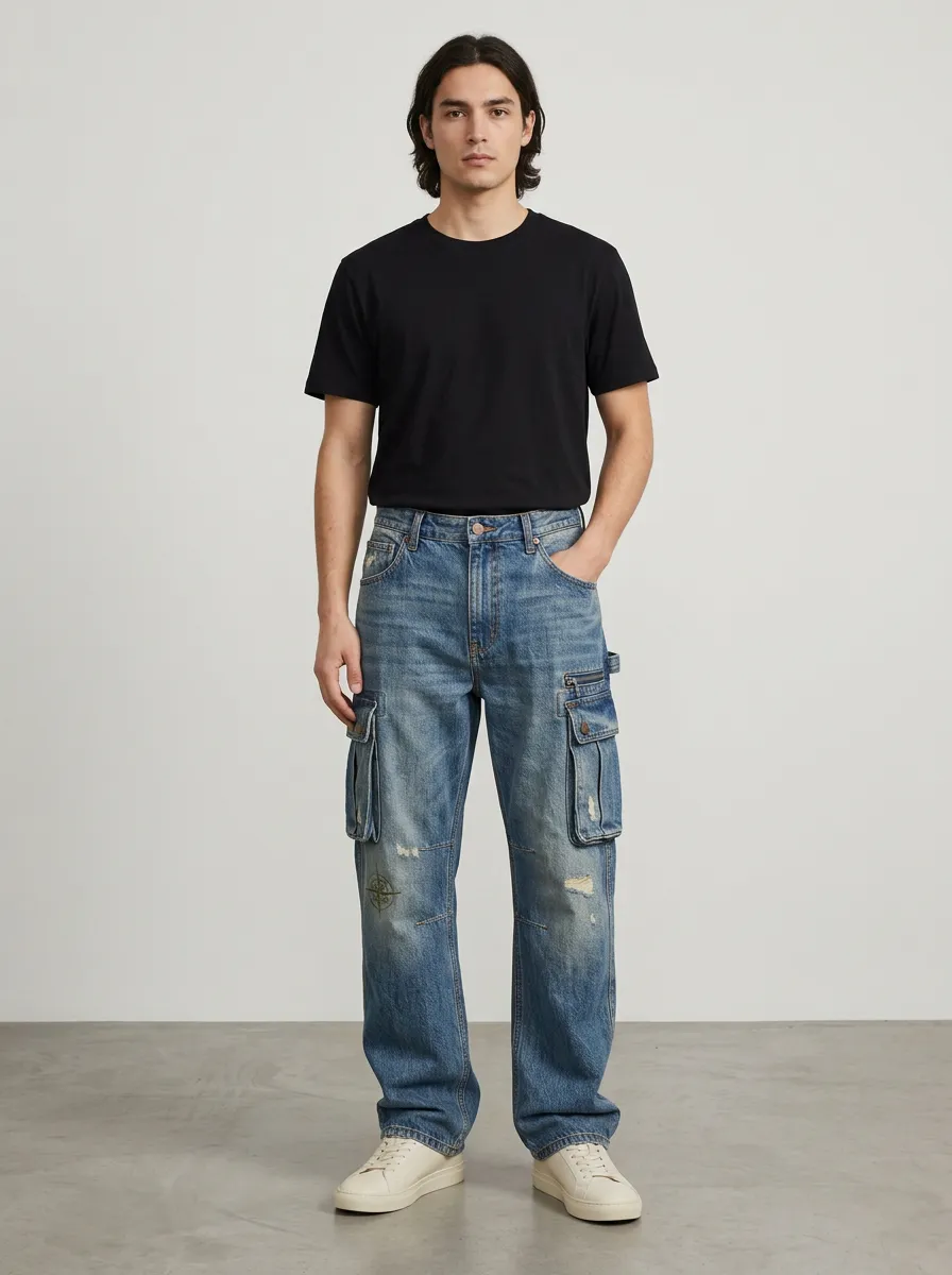 Men's Ridge Vintage Compass Print Distressed Denim Cargo Jeans