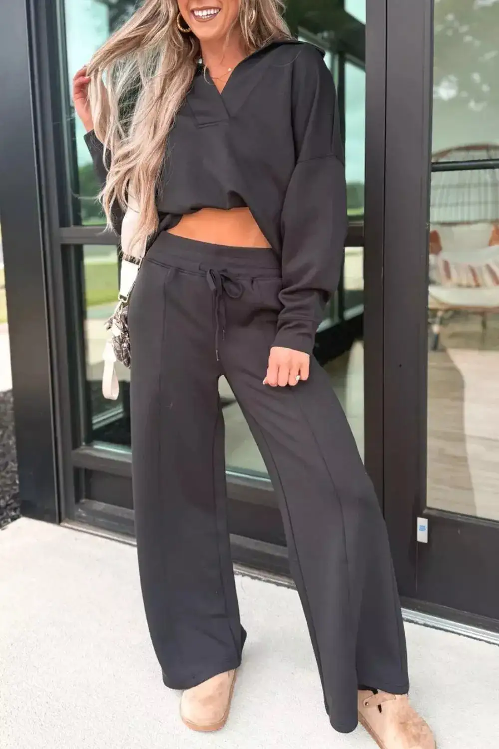 Collared V Neck Pullover Sweatshirt Sweatpants Set