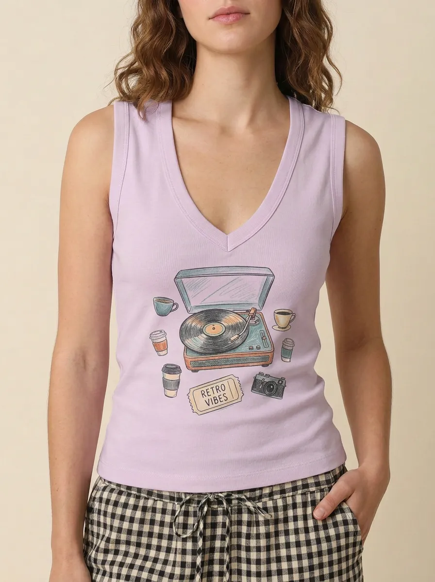 Women's Retro Music Coffee Vinyl Player Graphic Tank Top