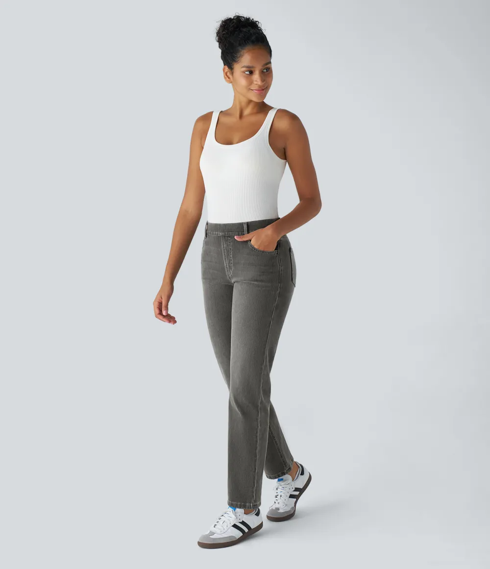 Magic High Waisted Multiple Pockets Straight Leg Washed Stretchy Knit Casual Jeans