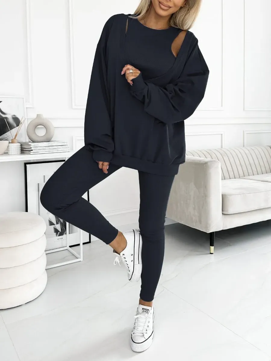 Women's Fashion Solid Color Sweatshirt 3 pieces Tanks and Lined Leggings