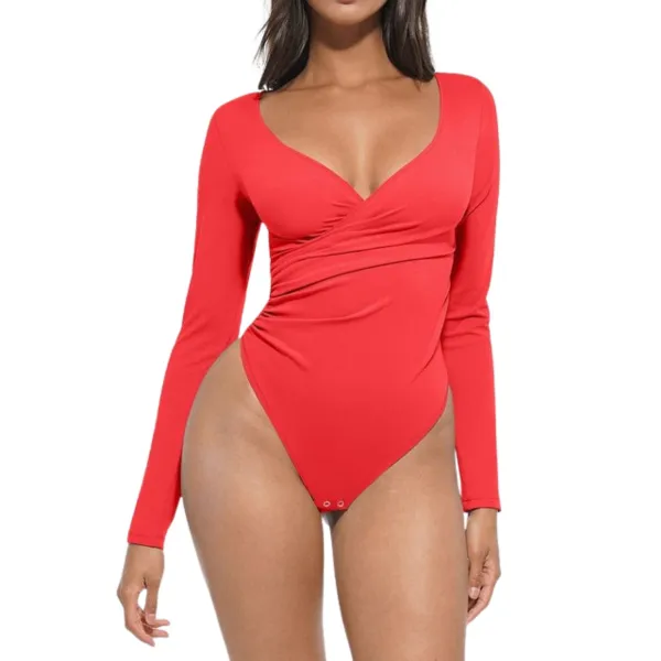 Pleated Deep V Long Sleeve Bodysuit