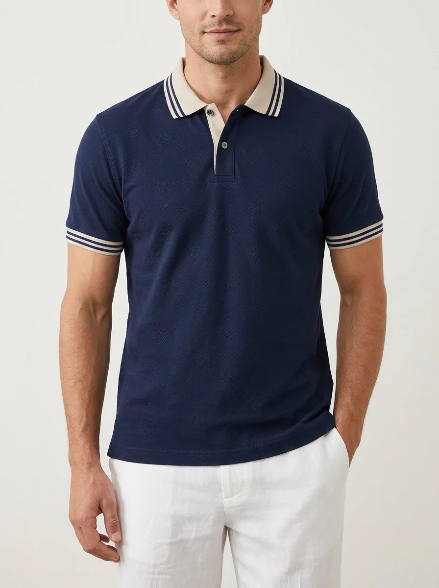 Men's Geometric Pattern Navy Blue Striped Collar Polo Shirt