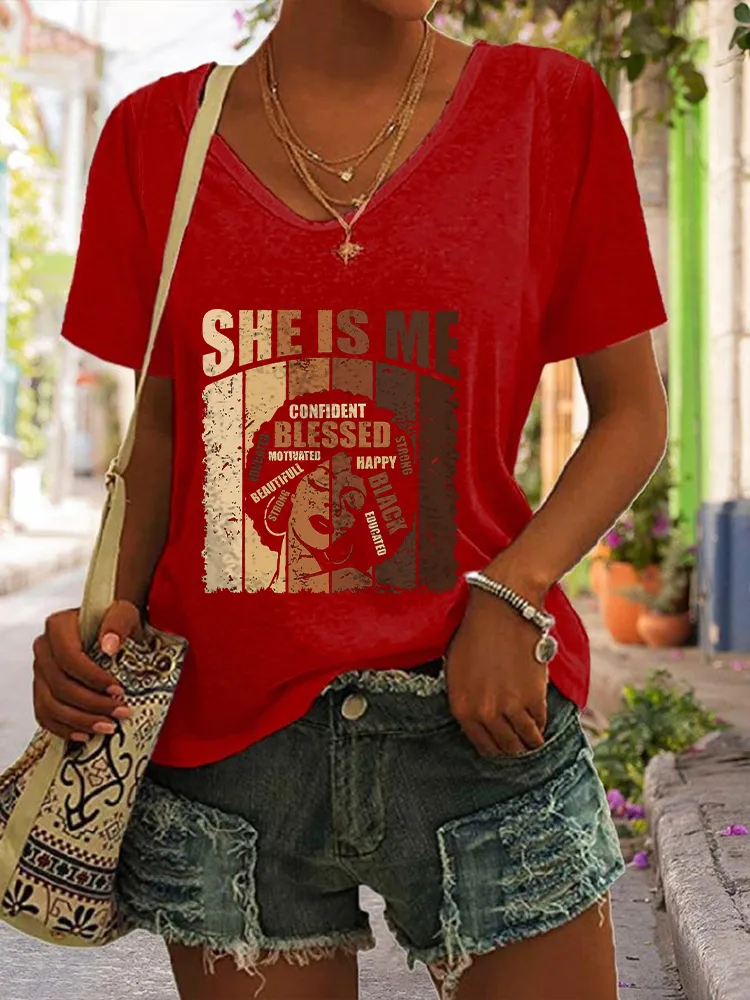 Women's She Is Me Confident Blessed Black V-Neck Short-Sleeved T-Shirt