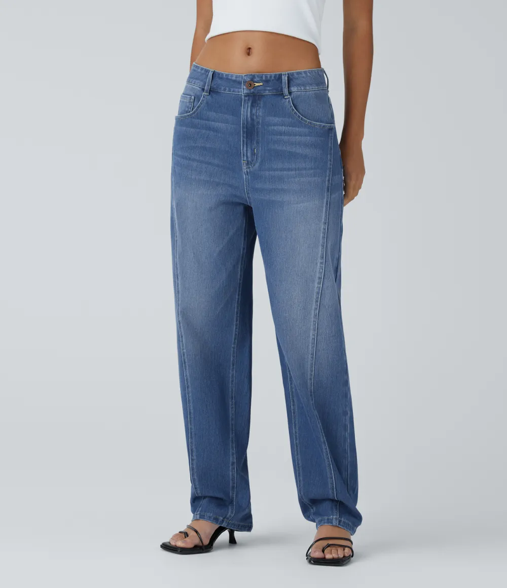 Magic Mid Low Rise Button Zipper Multiple Pockets Washed Stretchy Knit Casual Mom Jeans