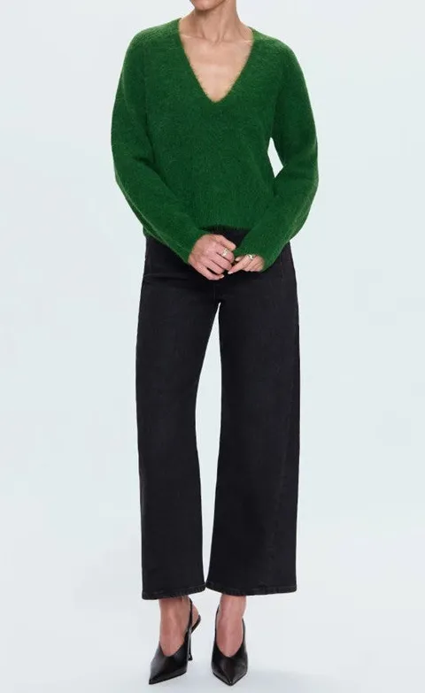 Women's Green V Neck Knit Pullover Sweater