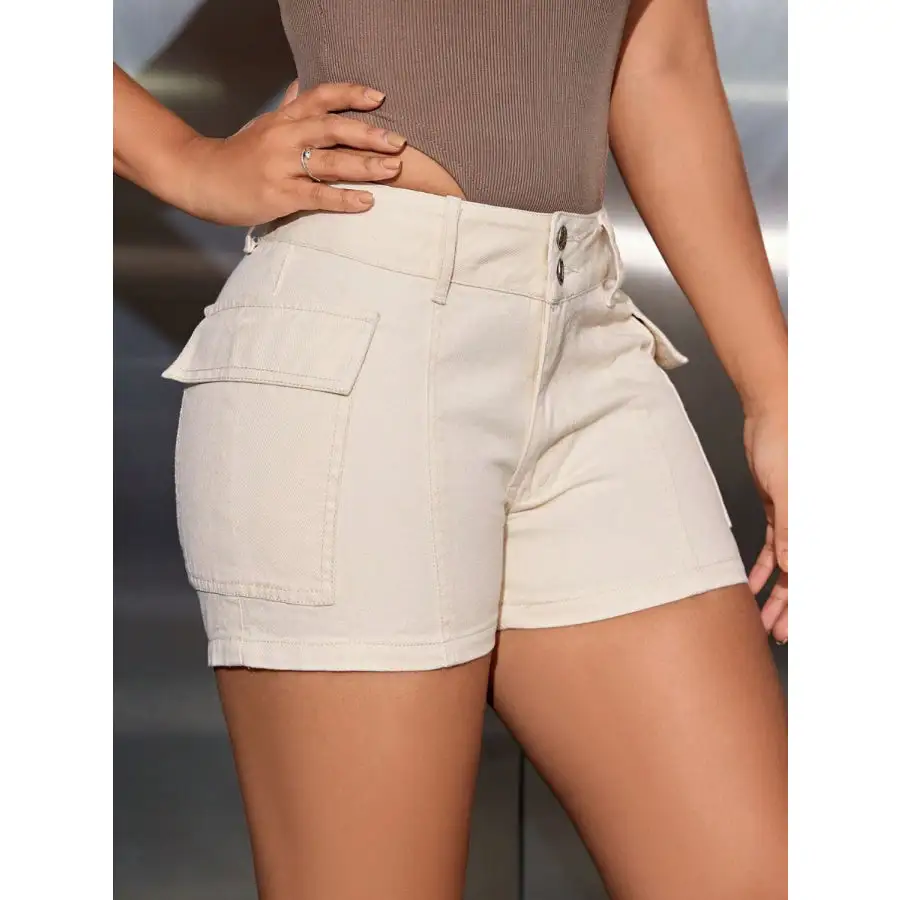 Mid Rise Waist Denim Shorts with Pockets