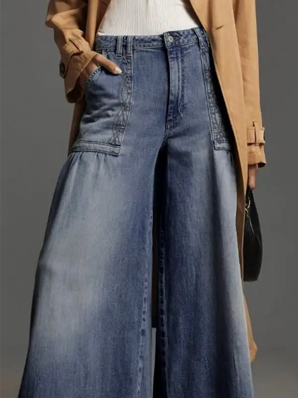 Minimal Wide Leg Seamed Button Detail Zip Detail Pocket Jeans