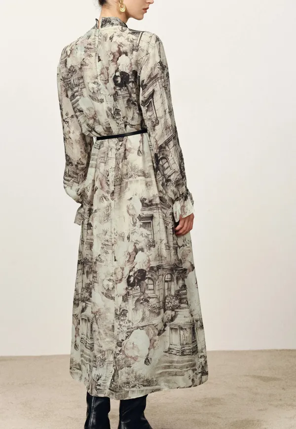 Long Sleeve Printed Cupro Midi Dress