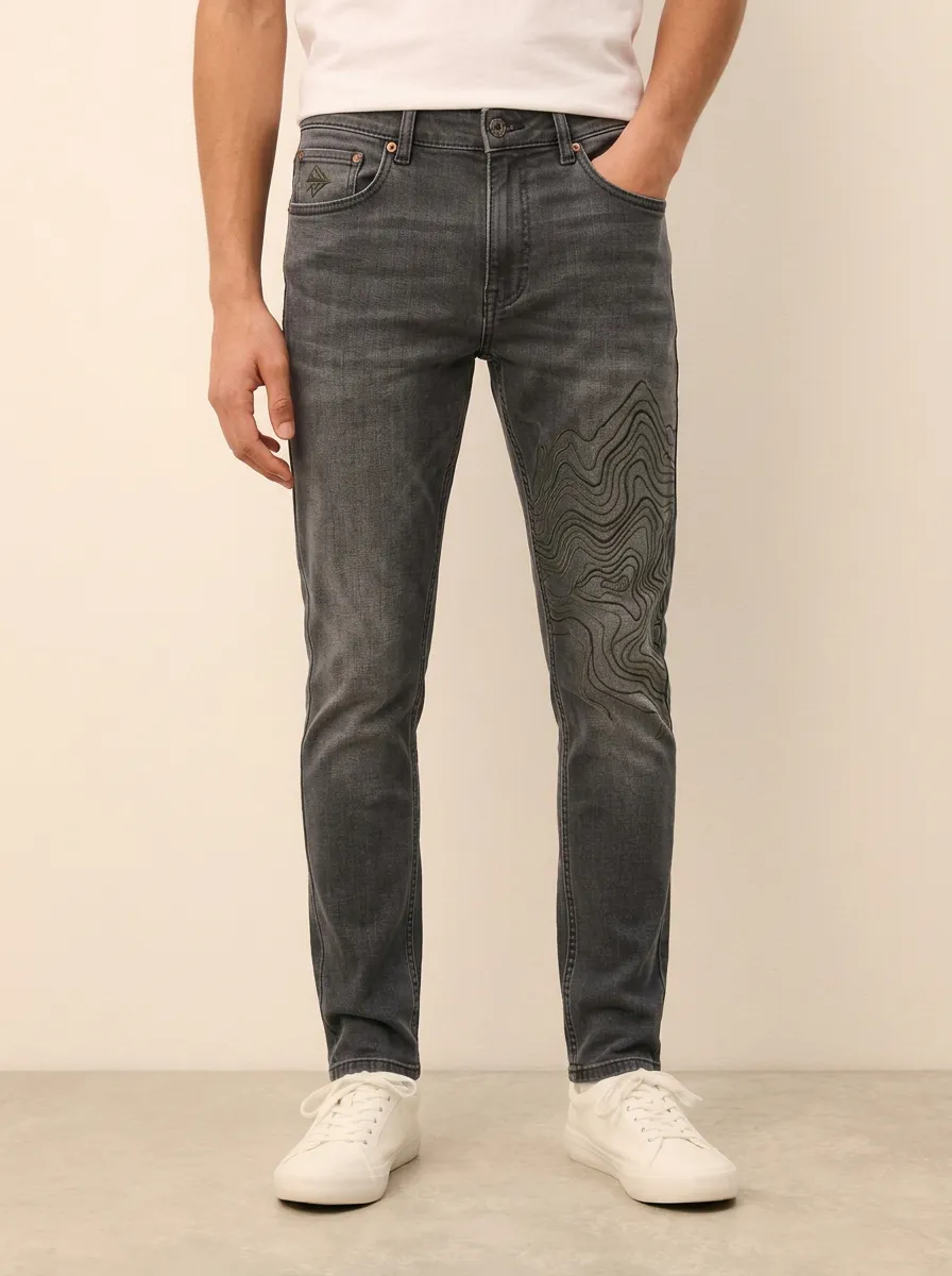 Men's Charcoal Grey Outdoor Topographic Map Stretch Jeans