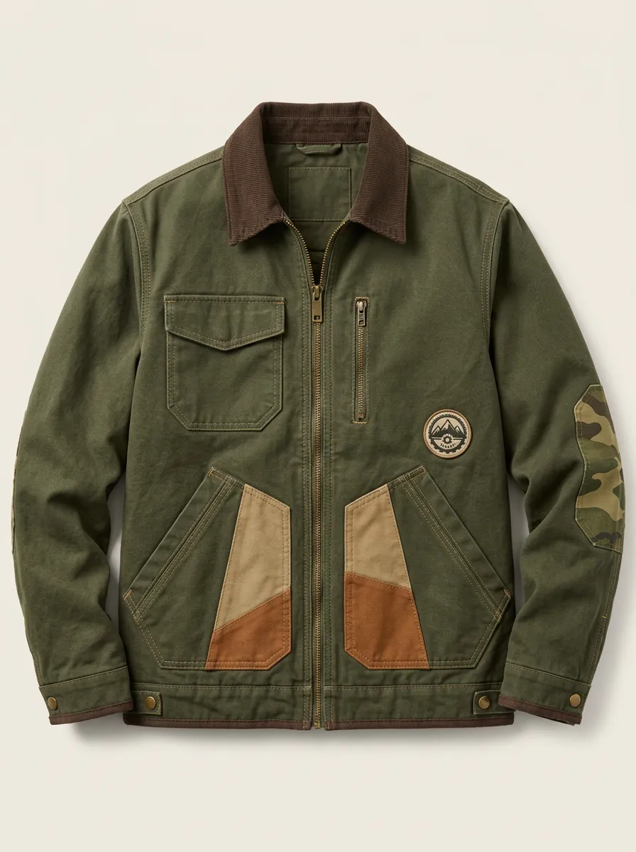 Men's Outdoor Adventure Mountain Patch Camo Sleeve Canvas Jacket