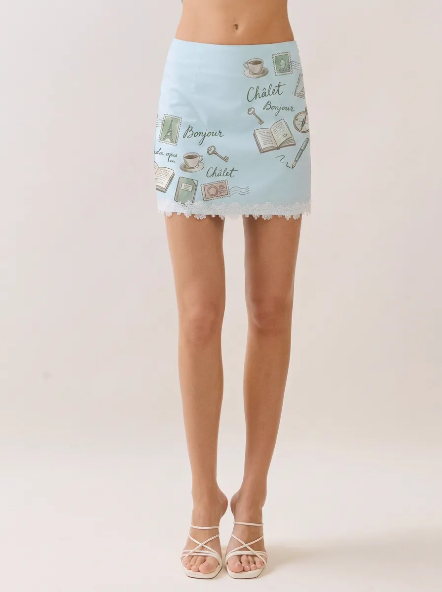 Women's Paris Travel Lover Bonjour Stamp Printed Mini Skirt