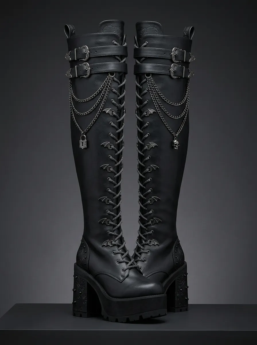 Modern Gothic Skull Bat Lace Edit Women's Gothic Platform Boots