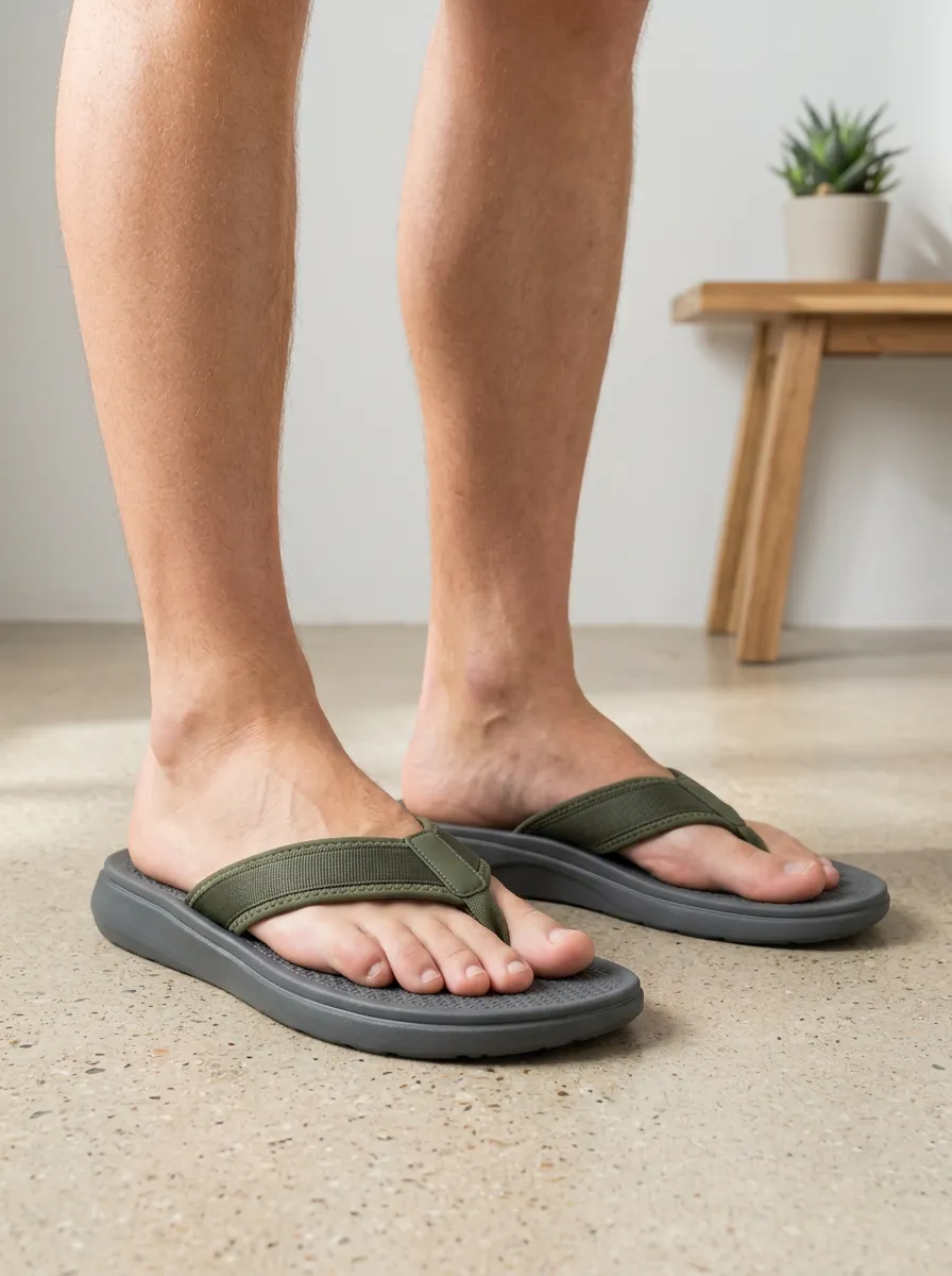 Men's Olive Green Strap Grey Sole Printed Flip Flops