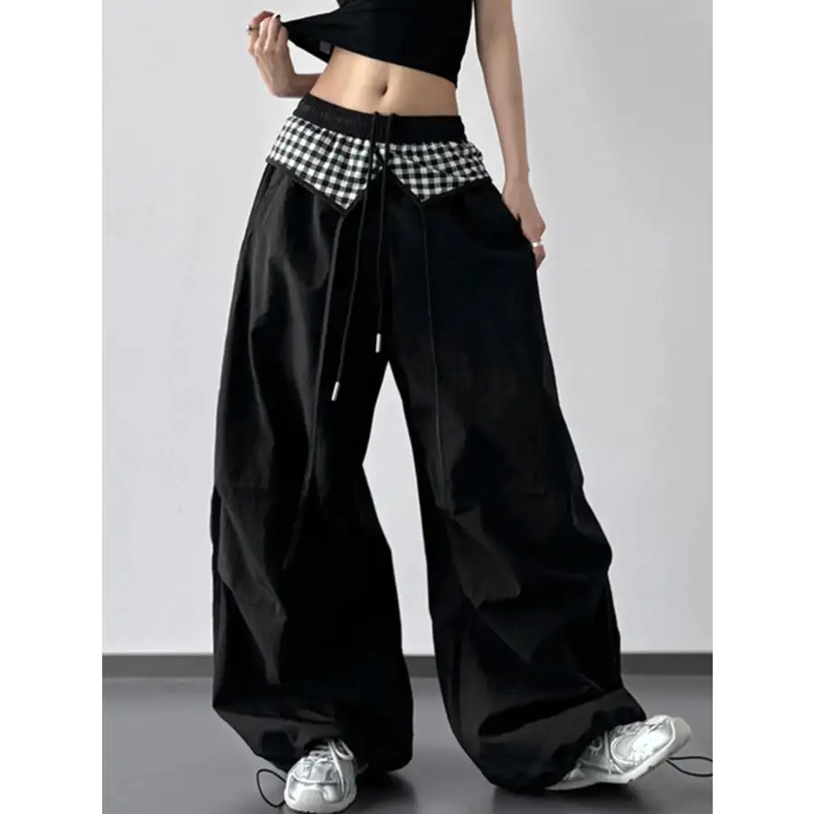 Wide Leg Pants with Checkered Detail