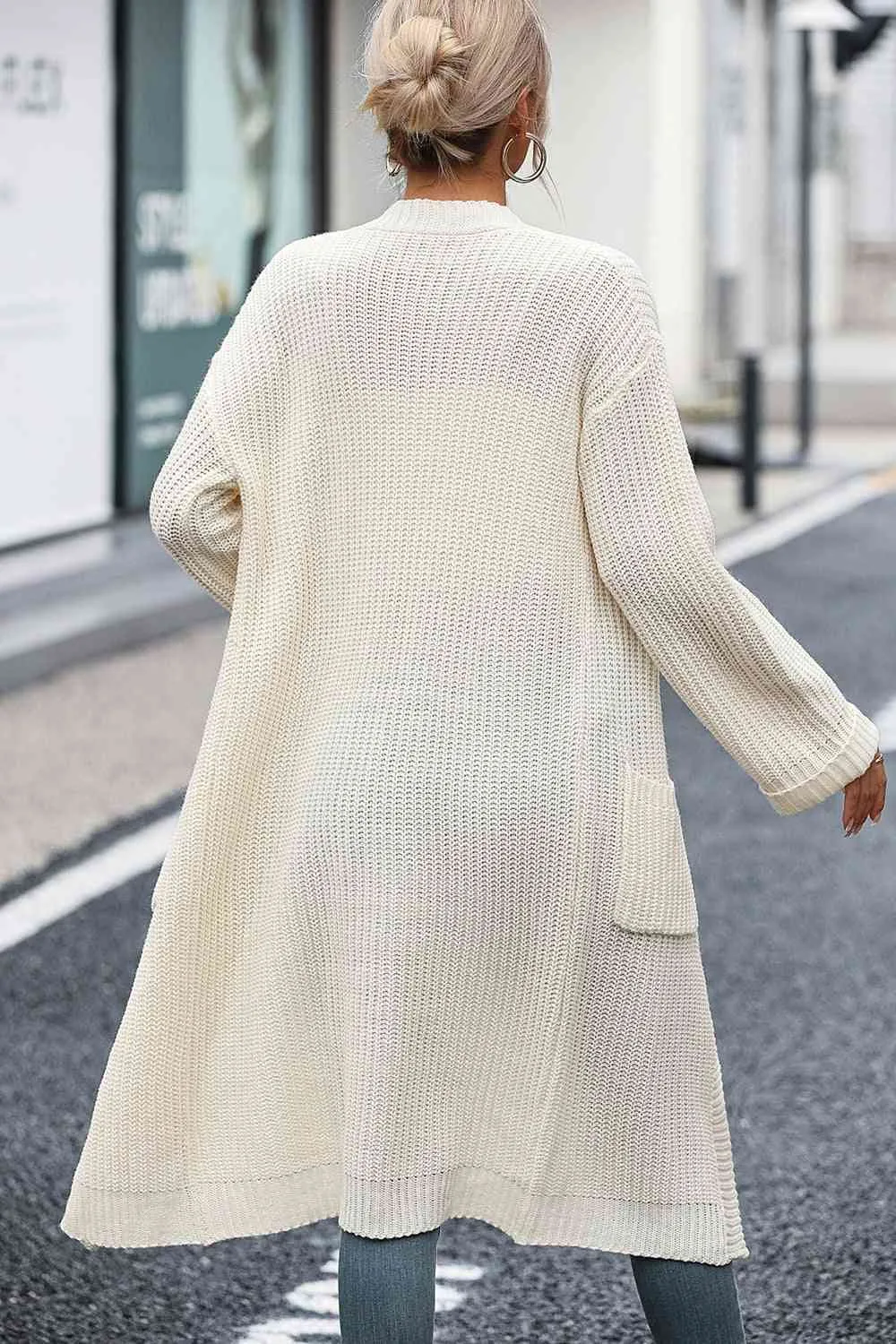 Open Front Dropped Shoulder Pocket Detail Cardigan