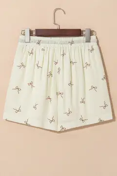 Bow Print Lace Drawstring Casual Shorts