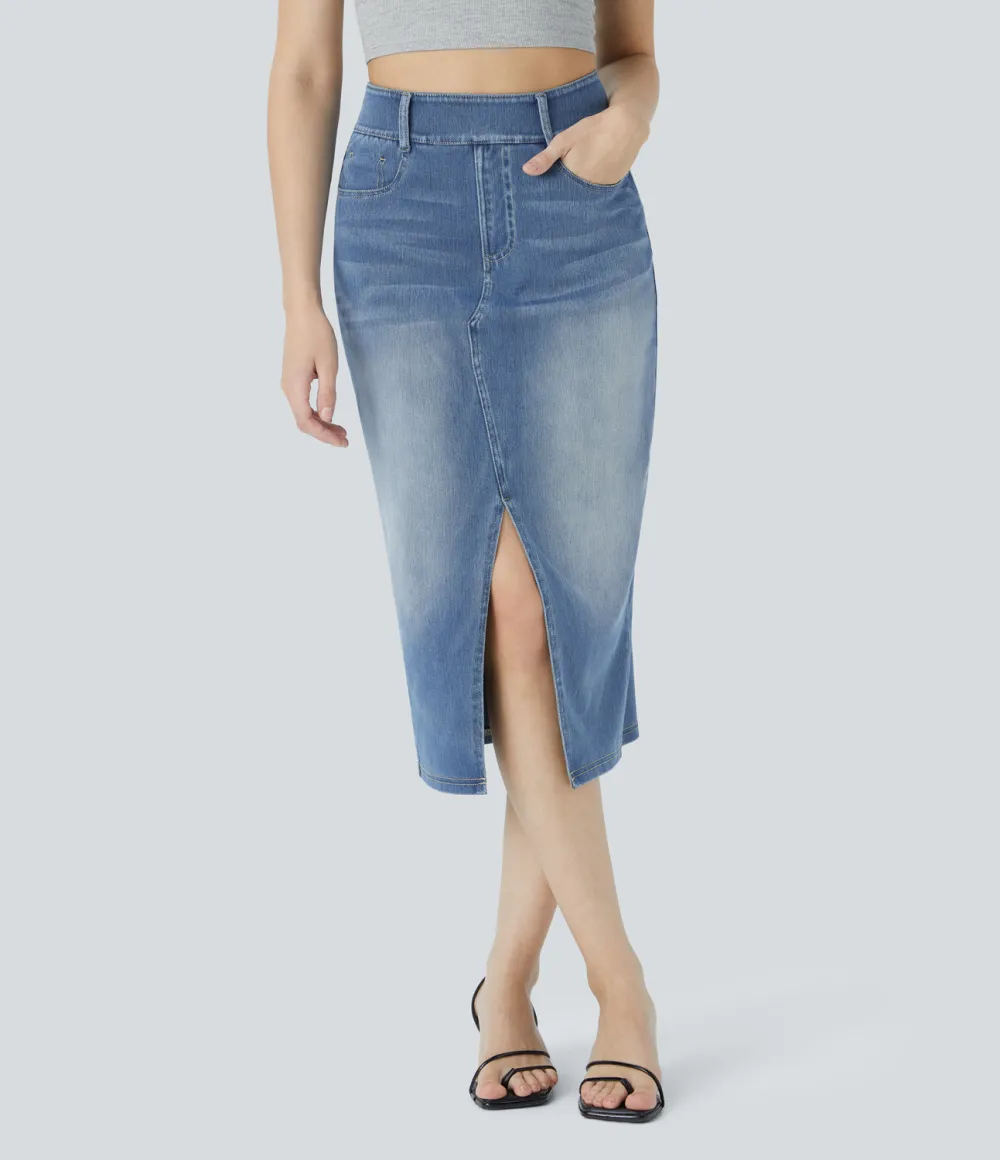 Magic High Waisted Multiple Pockets Bodycon Split Washed Stretchy Knit Denim Casual Midi Skirt