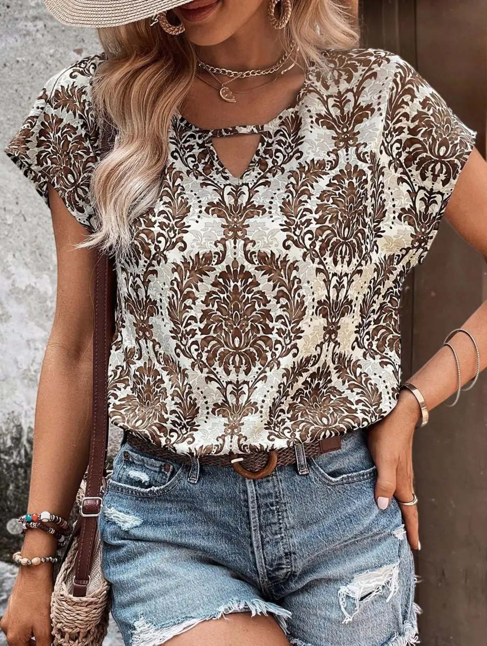 Print V-Neck Batwing Sleeve Top