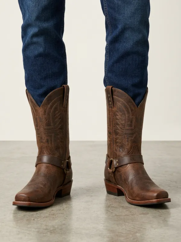 Men's Western Cowboy Brown Leather Harness Stitched Boots